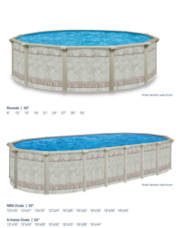 Two above-ground pools with stone-patterned walls, one round and one rectangular.