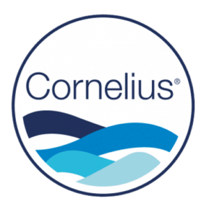 Cornelius logo with stylized wave design. Cornelius logo with stylized wave design.