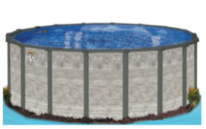 Above-ground round swimming pool with water.