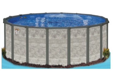 Above-ground round swimming pool with water.