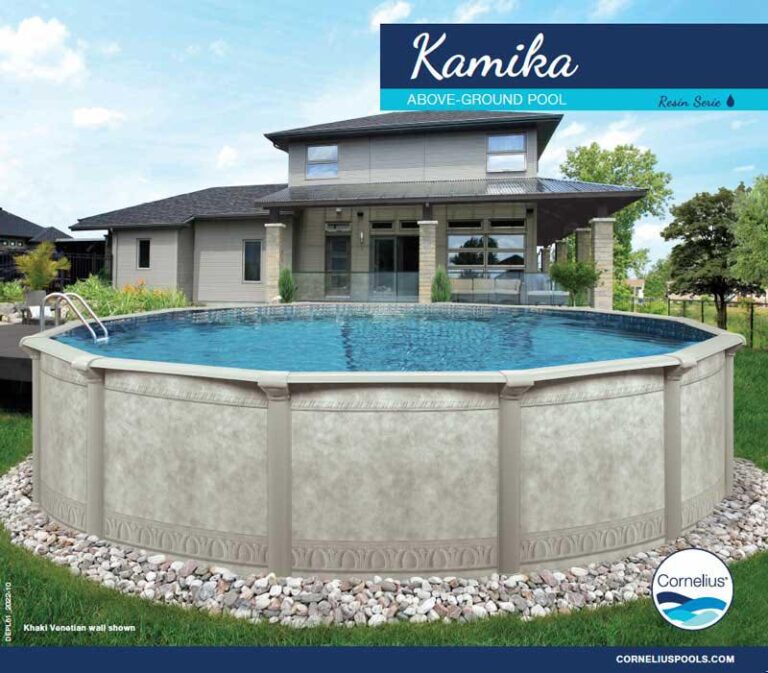 Above-ground pool in modern backyard setting.