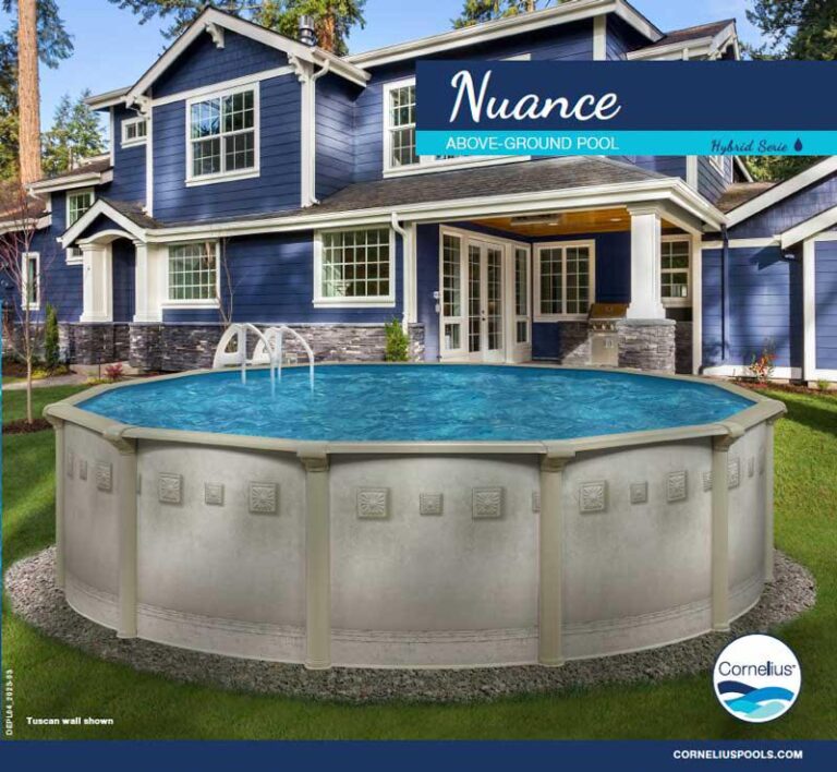 Above-ground pool in front of house.