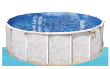 Round above-ground pool with blue water.